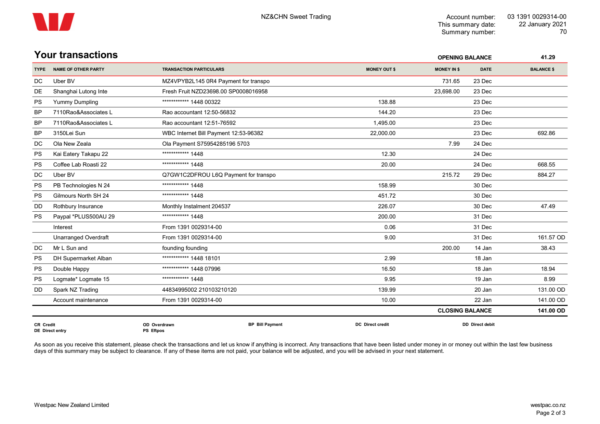 New Zealand Westpac Bank Statement preview