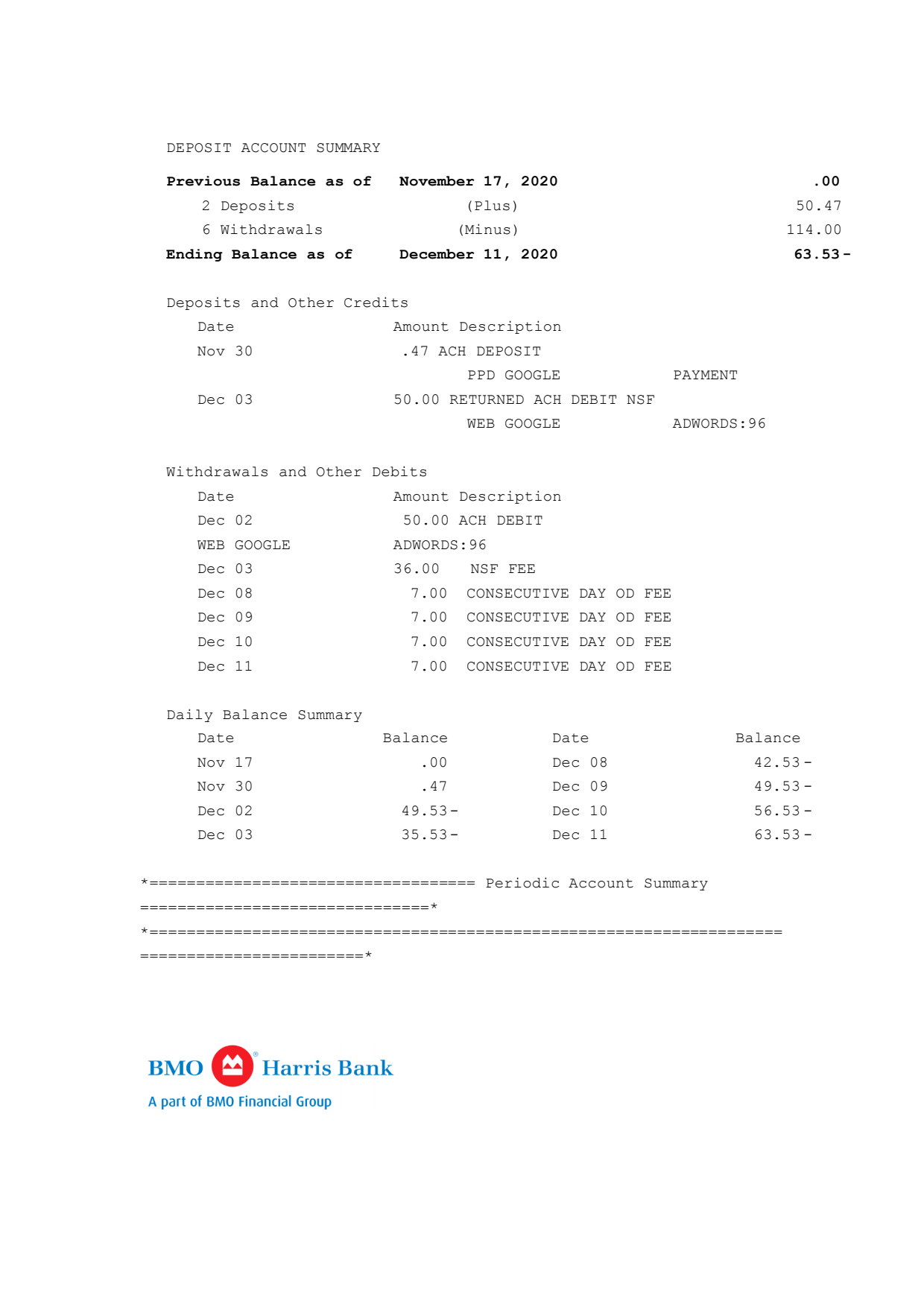 BMO-Harris-Bank-Statement_2 Bank Statement BMO Bank Harris word Template