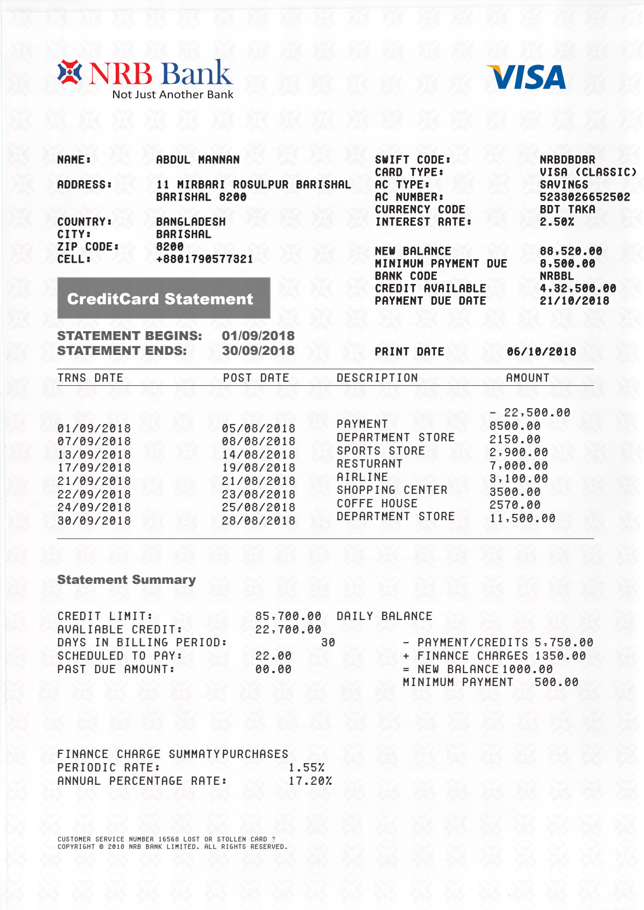 Bank Statement-Bangladesh NRB Bank-Visa Credit Card Statement-pdf_1 Bank Statement Bangladesh NRB Bank Visa Credit Card Statement Template pdf