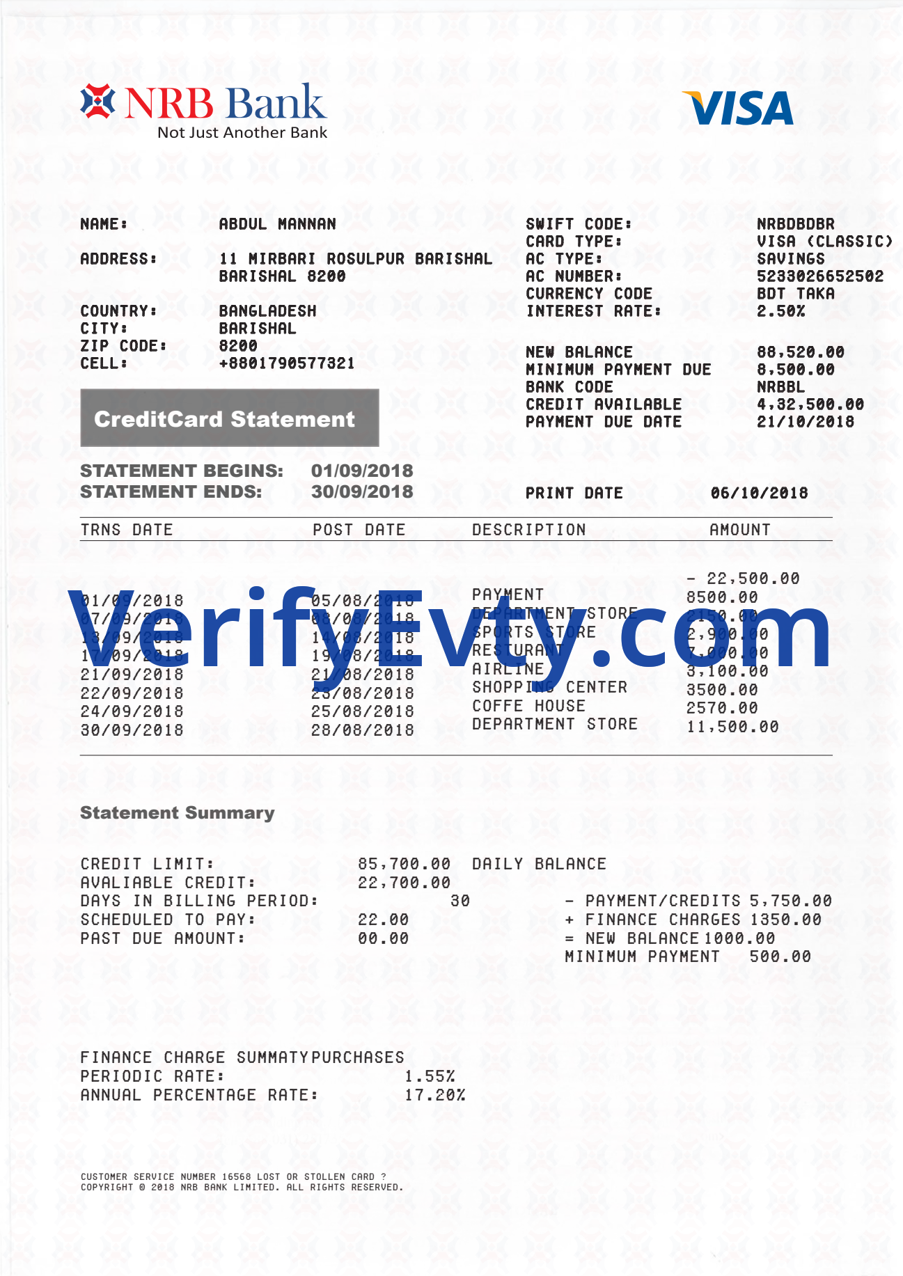 Bank Statement-Bangladesh NRB Bank-Visa Credit Card Statement-pdf_1 Bank Statement Bangladesh NRB Bank Visa Credit Card Statement Template pdf