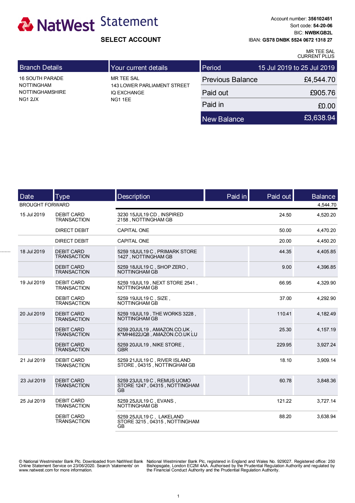 Bank Statement-NatWest Bank-Word_1 Bank Statement NatWest Bank Word Template