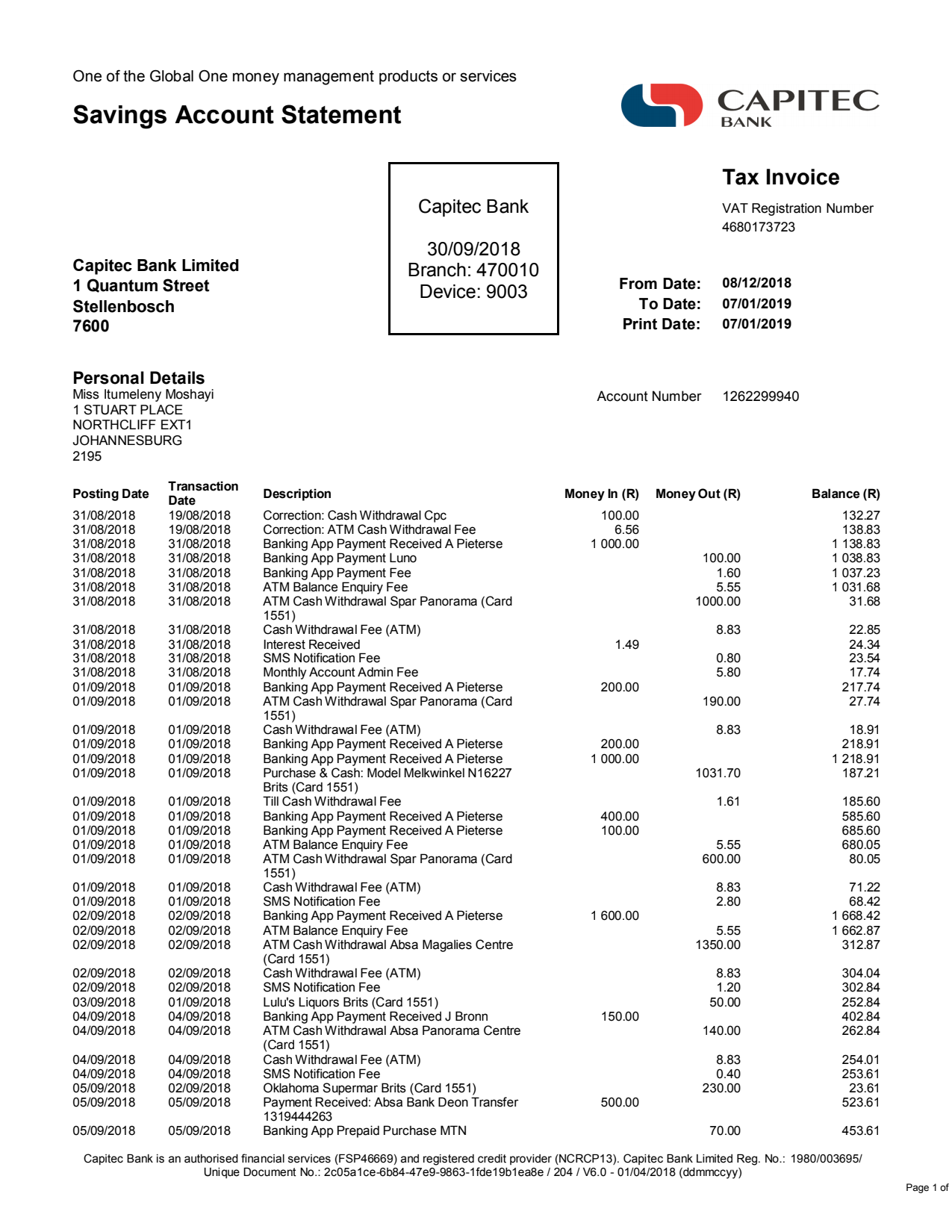 Capitec Bank Statement - T334_1 Bank Statement USA Capitec Bank Statement Word&PDF