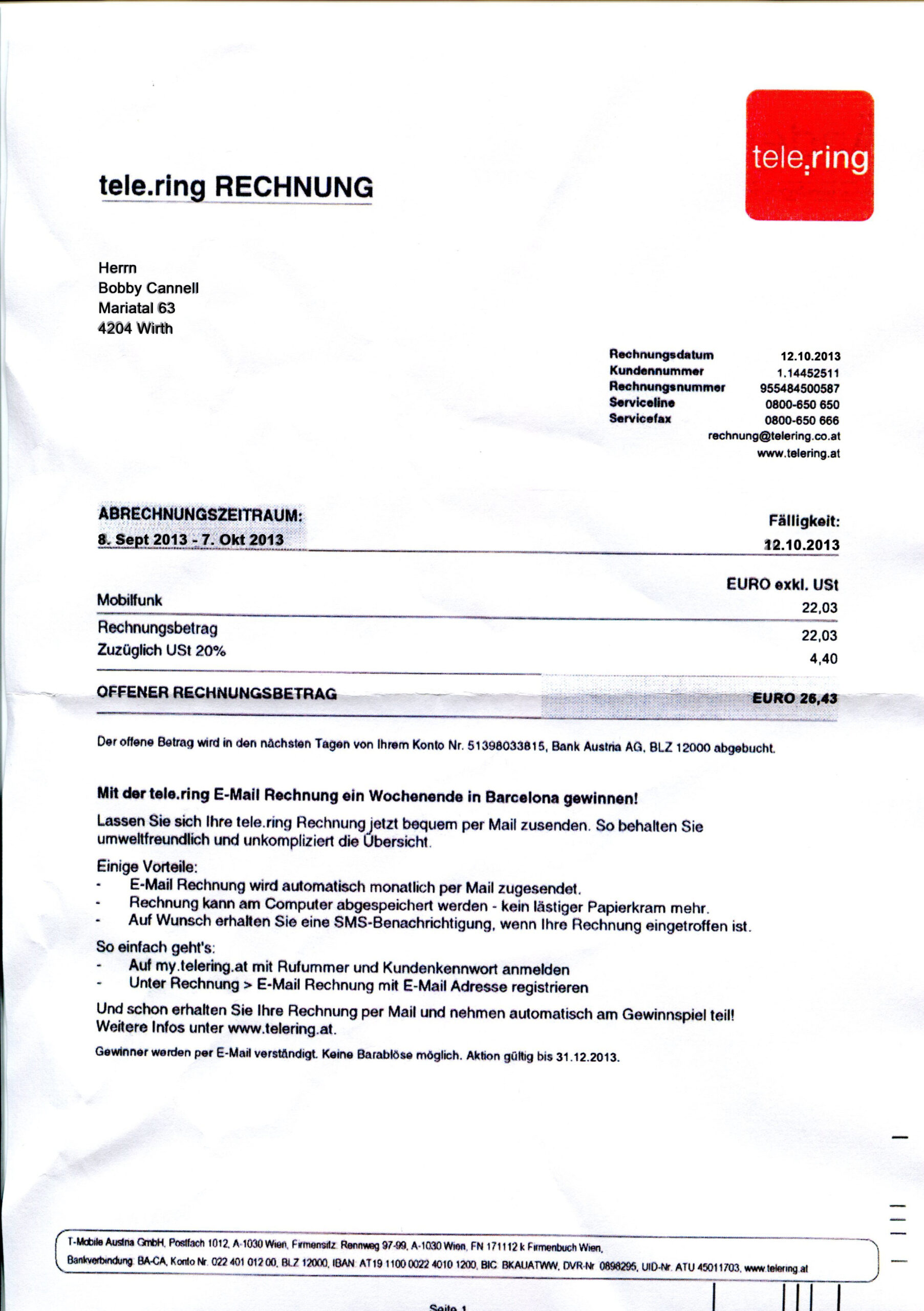 Germany-Mobile_Invoice-Tele.ring Ediable Utility Bills Germany Tele.ring mobile invoice Blank Template