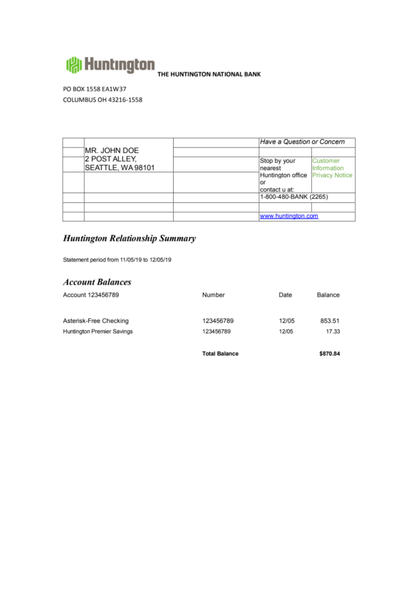 Bank Statement Huntington Bank Statement word Template preview