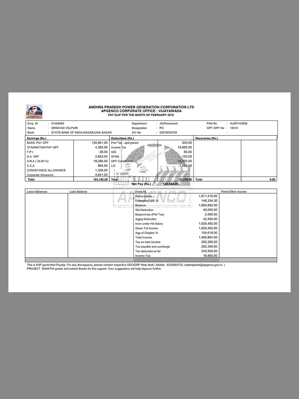 India APGENCO Paystub template