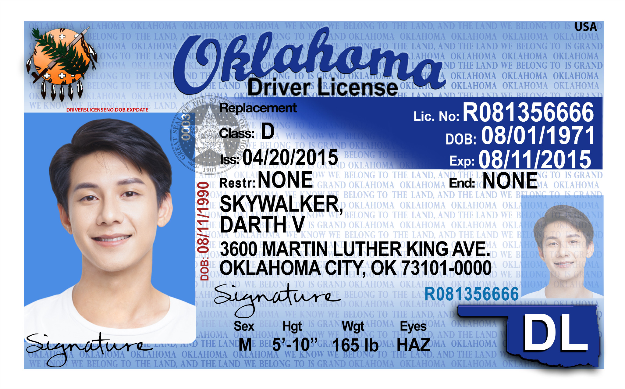 Oklahoma-Front US Oklahoma Driver's License Driver License Template V1&2