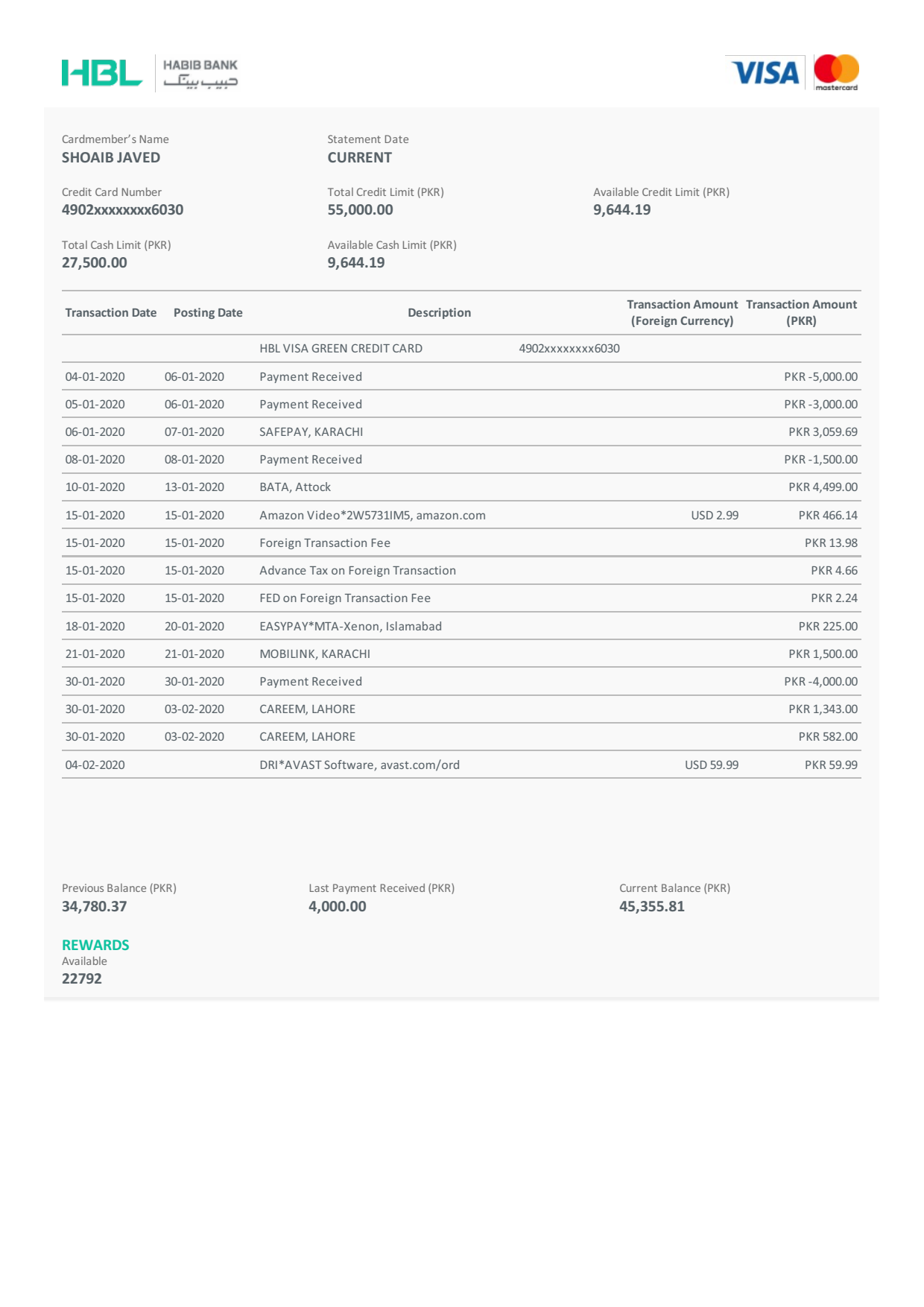 Pakistan HBL Bank Credit Card Statement Template-pdf_1