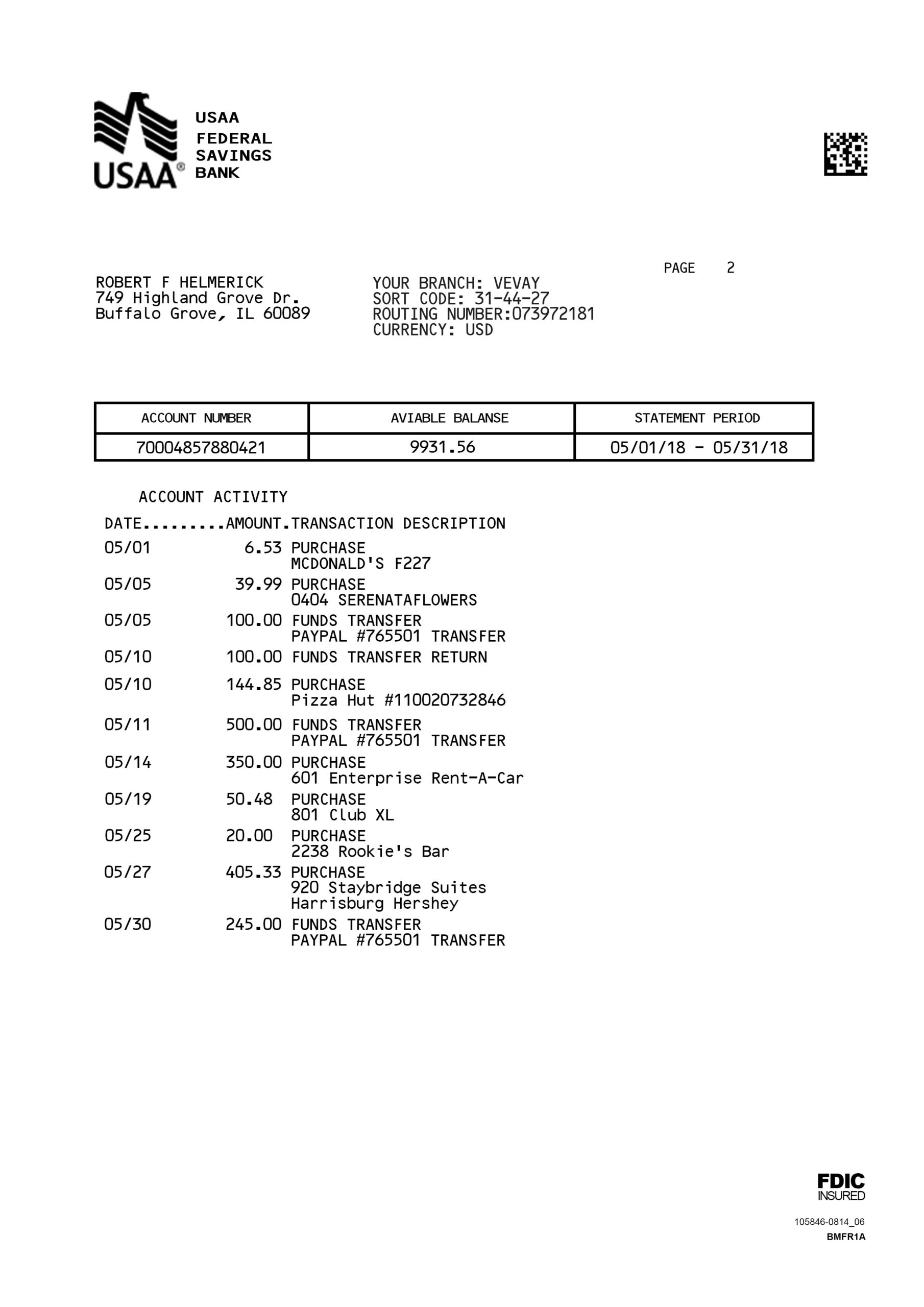USAA Bank Bank Statement USAA Federal Savings Bank Statement-PSD