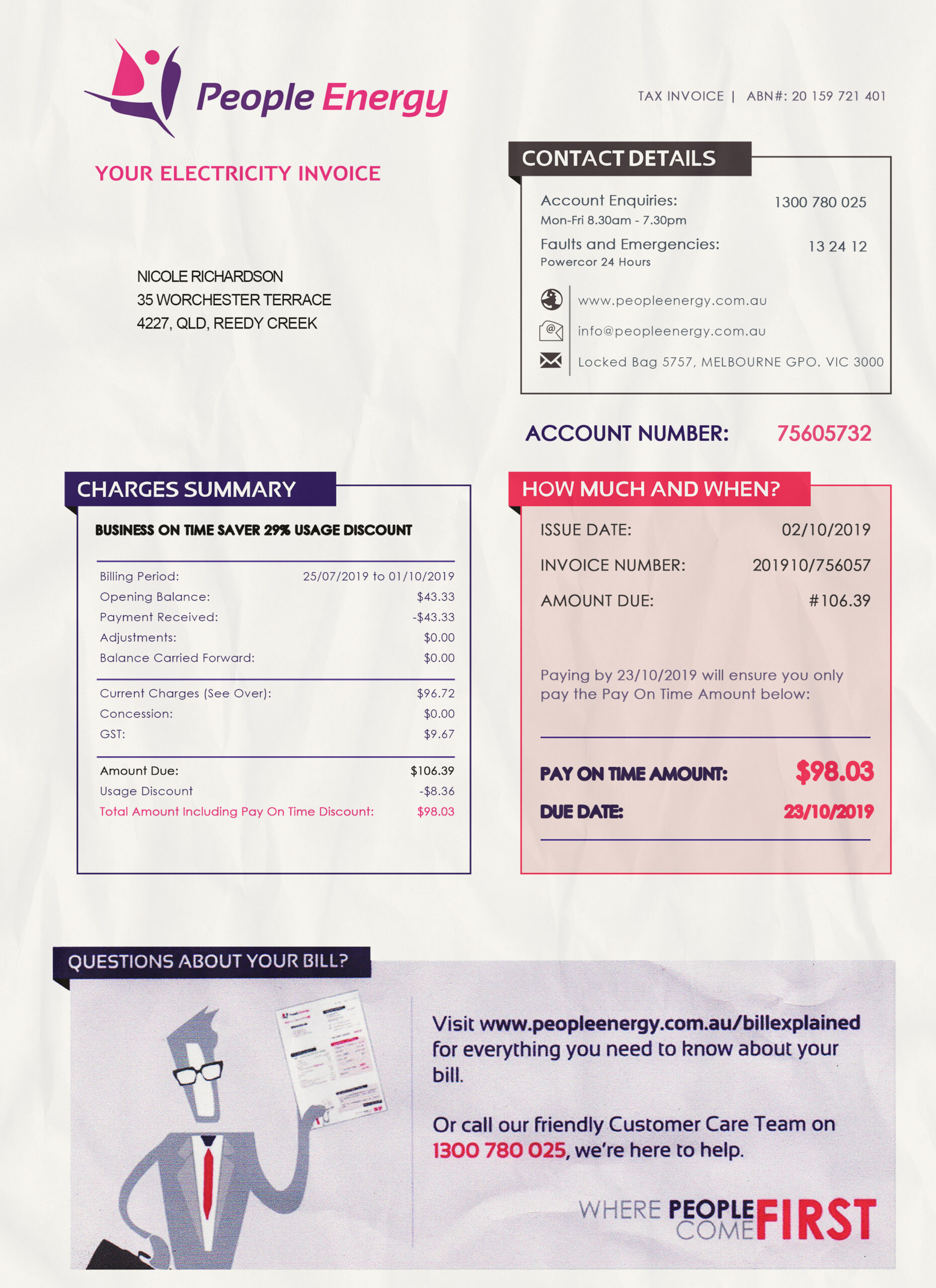 Utility Bills-Australia-People Energy Electricity Invoice-PSD