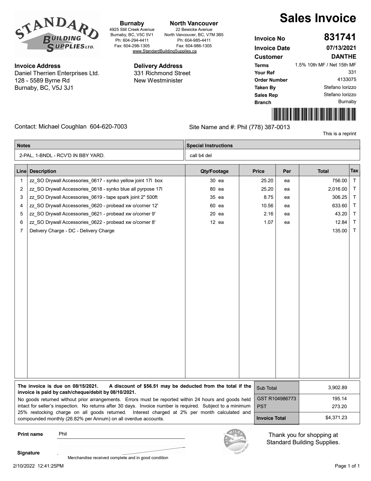 Utility Bills-Canada-Standard Building Supplies Sales Invoice-Pdf&Word_1