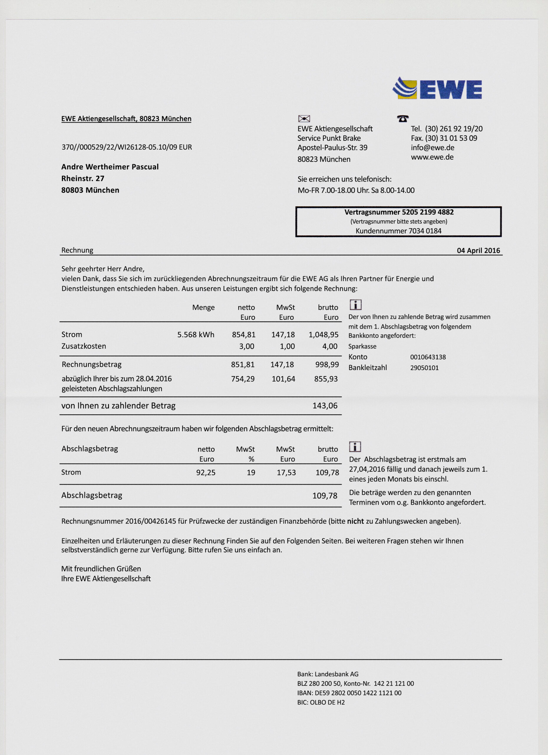Utility Bills-Germany-EWE Energy Utility Bill-PSD