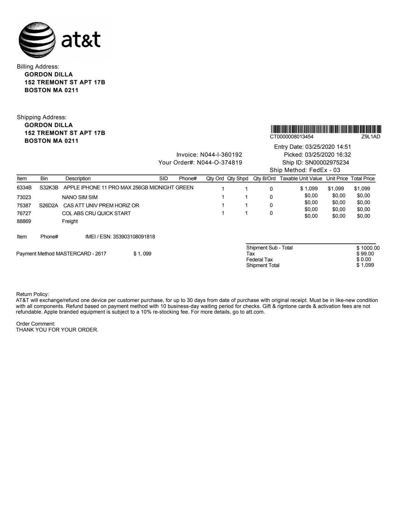 Utility Bills-USA-AT&T Buy Iphone 11 Shopping Invoice-Word&PDF_1