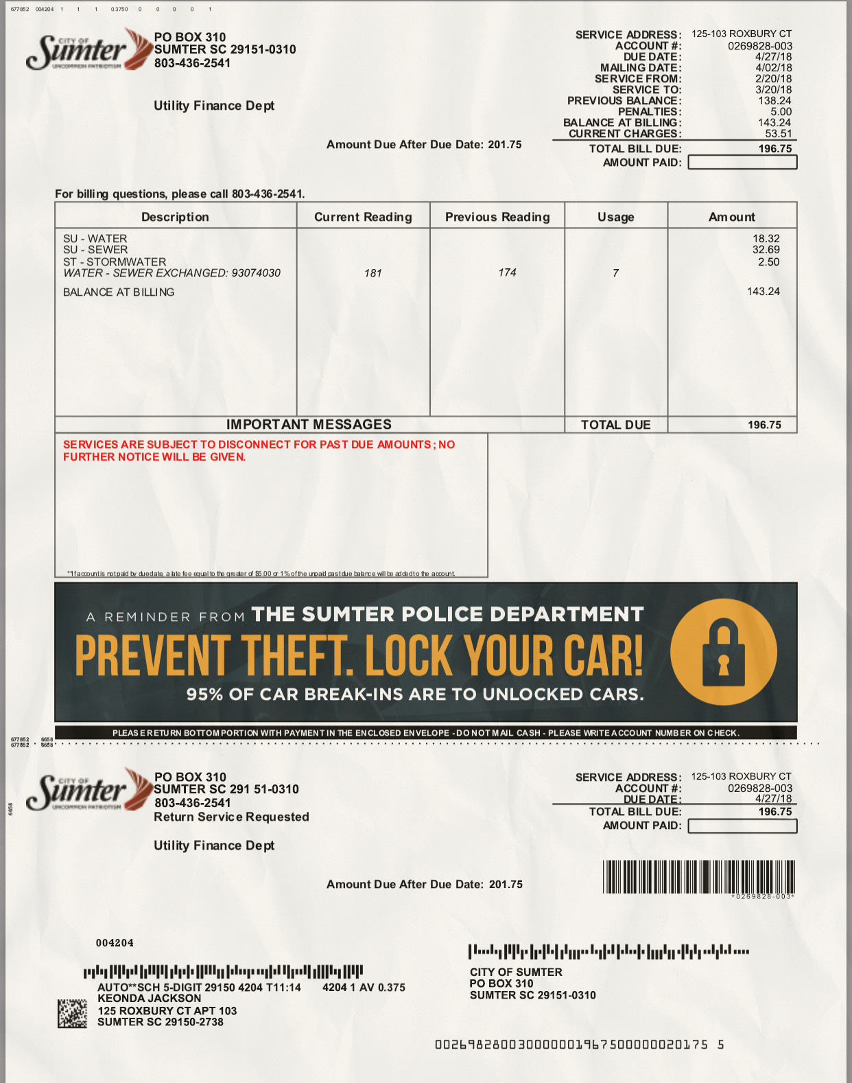 Utility Bills-USA-South Carolina-Sumter Water Bill-PSD