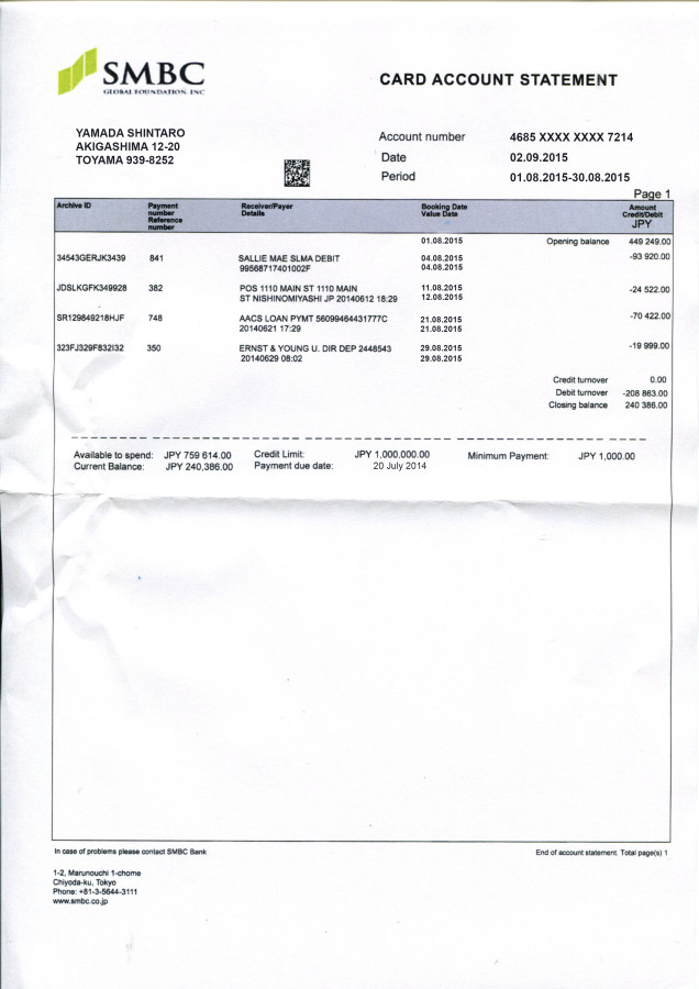 bill_jpn (2) Bank Statement Japan SMBC Bank Statement Psd Template